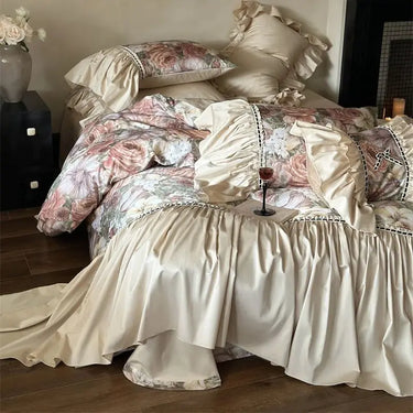 Vintage Romantic Flower Egyptian Cotton 1000TC Oil Painting Ruffles Bedding Set